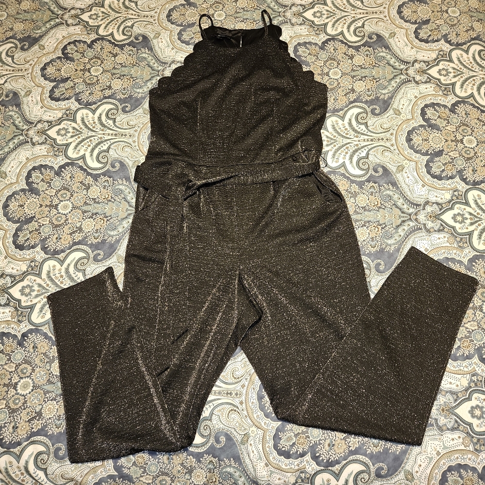 BCX jumpsuit in shiny black with scalloped edges, size 13